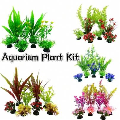 8pcs Aquarium Decor Set - Artificial Plastic Plants & Flowers Ornaments For Fish Tank