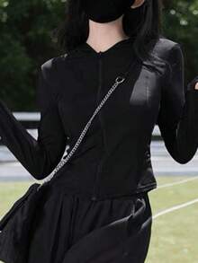 Chaqueta ligera de seda helada para mujer con protección solar para el verano Chaqueta de yoga para exteriores con protección UV Chaqueta transpirable con capucha y corte ajustado Prenda con protección solar - Negro - Ver 5