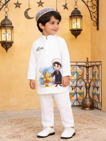 Ramadan Limited Edition Spring New White Long Sleeve 2 Pieces Set For Baby Boys, Cartoon Boy Print Baby Boy Traditional Festival Outfit