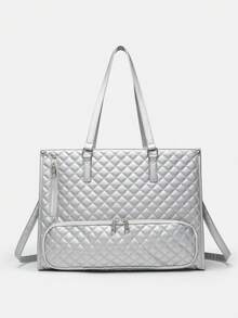 1个女士时尚大容量手提包，经典多色保温包，可装笔记本电脑，可作妈妈包、工作手提包、日常健身午餐包、野餐包、防水保温斜挎包，大号 - 銀色 - 查看 2