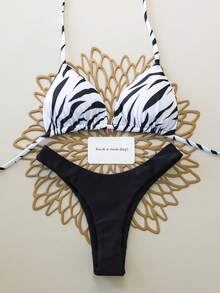 Bộ bikini hai mảnh họa tiết sọc ngựa vằn và màu trơn tương phản, gợi cảm, hở lưng dành cho nữ, thích hợp cho bãi biển, khu nghỉ dưỡng, lễ hội, kỳ nghỉ hè. - Đen và trắng - Xem 1