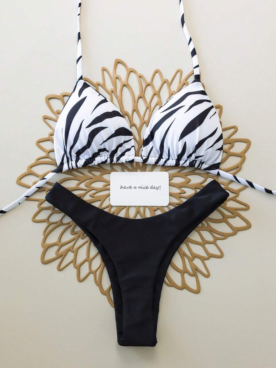 Bộ bikini hai mảnh họa tiết sọc ngựa vằn và màu trơn tương phản, gợi cảm, hở lưng dành cho nữ, thích hợp cho bãi biển, khu nghỉ dưỡng, lễ hội, kỳ nghỉ hè. - Đen và trắng - Xem 1