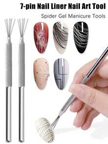 7针美甲勾线笔，美甲工具，条纹美甲绘图笔，银色不锈钢手柄，可弯曲针头，超细线条美甲刷，蜘蛛胶美甲工具，美甲线条绘制工具，美甲用品，美甲工具，美甲艺术工具，返校季，美甲，美甲工具（适用于贴片式美甲） - 銀色 - 查看 1