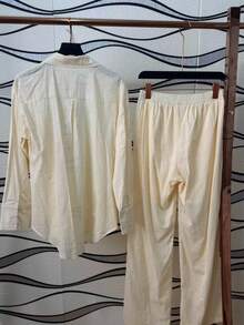 Linen Shirt And Pants Set (2 Pieces), Lined With Elastic. - Màu be - Xem 6