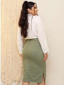 Denim Skirt With Lycra And Side Slits, Olive Green Wash, High Waist, Modest, Christian Fashion, Luxury, Sizes 38 To 48, Premium. - Màu xanh Ô liu - Xem 3