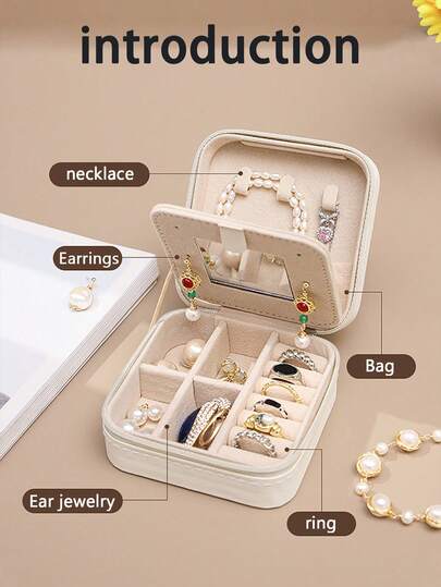 1个首饰收纳盒，小型PU皮革旅行首饰整理盒，双层便携迷你首饰展示收纳盒，婚礼首饰盒，可收纳耳环、戒指、项链、手镯、美甲饰品