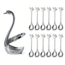 1 Set Swan Constellation Design 6/12pcs Stainless Steel Fruit Spoons, Dessert Spoons, Coffee Spoons With Swan Shaped Storage Base, Suitable For Kitchen, Hotel, Cafe, Holiday Gifts