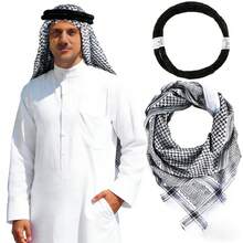 2pcs/Set UAE Shemagh Scarf, Dual-Color Plaid Middle Eastern Headscarf, Cosplay Arabic Dance Stage Performance Bandana, 3 Color Headscarf With Headband, 2pcs Set - Black - View 4