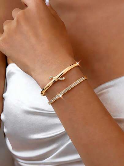 2pcs Vintage French Rhinestone Bow Bangle Bracelet Set, For Women, Suitable For Valentine's Day, Daily Wear, And Dates