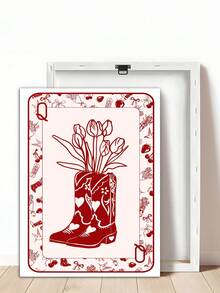 1pc Vintage Queen Of Hearts Playing Card Canvas Wall Art, Cowgirl Floral Boots Poster, Red Retro Decor, Suitable For Bedroom, Living Room Or Bar Cart, Dorm, Wall Decor Gift, Frameless Or Framed Option