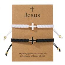 2PCS/Set Leisure Simple Copper Bead Bracelet, Cross Bracelet, Black And White Lucky Bracelet, Black And White Adjustable Bracelet, Stackable Bracelet, Couple Bracelet, Cross Easter Card, Friend Gift, Birthday Gift, Sisters Bracelet, Family Gift, Valentine's Day Gift, New Mother Gift, Christian Gift, Baptism Gift, Anniversary Gift - Multicolor - View 8