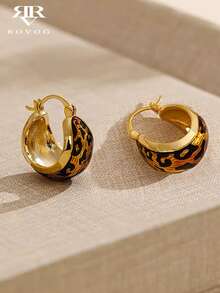 1 Pair Elegant Leopard Print Hoop Earrings, Luxurious French Style, Suitable For Daily, Casual, Party, Vacation Wear - Yellow Gold - View 2