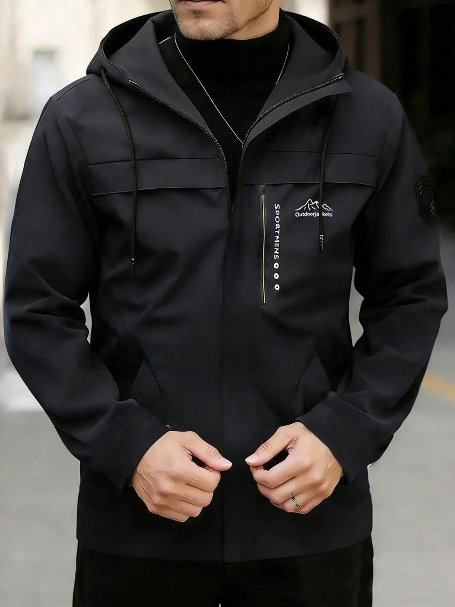 Chaqueta con capucha ligera para hombres, adecuada para primavera y verano - Chaqueta de poliéster para exteriores con cordón, bolsillos con cremallera y puños ajustables, excelente para ciclismo, senderismo y uso casual - Azul - Ver 1