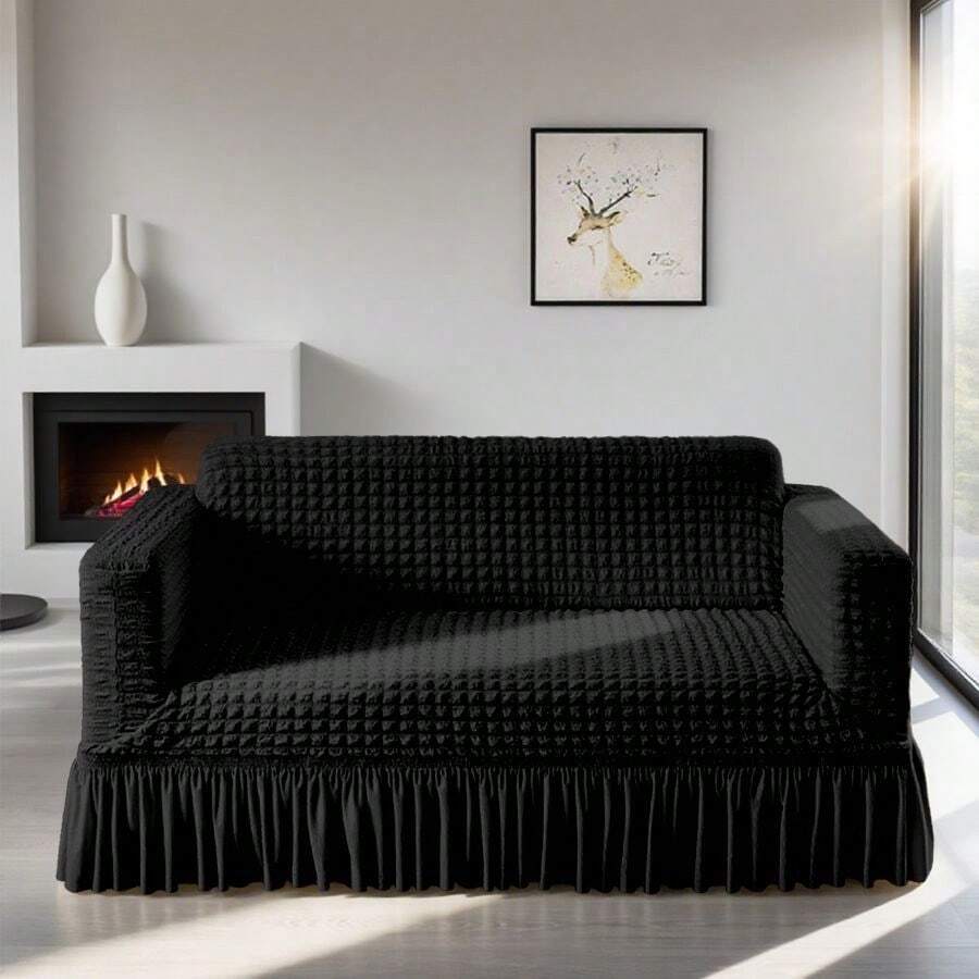 Modern Style Polyester Fiber Solid Color Bubble Gauze Simple Style Elastic All-Inclusive Lace Design Sofa Cover, All Seasons Scratch Resistant Elastic Living Room Sofa Cover Pet Anti-Dirty Universal Sofa Protector Home Decoration - 黑色 - 查看 1