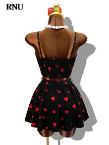 RNU 女士情人节假日休闲套装，荷叶边蝴蝶结可爱优雅弹力腰A字裙，性感派对、泳池派对、约会、假日、旅行装、休闲服、生日套装、婚礼宾客、狂欢节派对、新年优雅套装，心形印花吊带背心和迷你裙两件套 - 黑色 - 查看 11