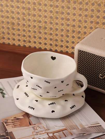 1pc Retro Ceramic Coffee Cup & Saucer Set, White LOVE/White Orchid, 2 Styles Available, Suitable For Home, Cafe, Coffee/Tea Cup And Saucer Use