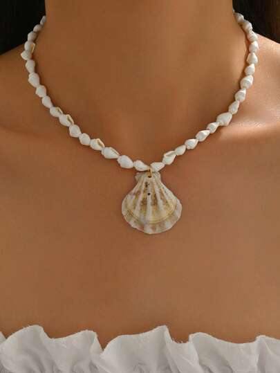1pc Natural Seashell Handmade Beaded Necklace Pendant, Fashion Ocean Style Jewelry Choker Suitable For Women Beach Vacation, Party And Daily Wear