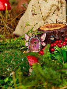 一套2D平面木质仙女门饰 - 心形和蝴蝶图案，梦幻花园和桌面摆件，室内/室外迷你景观艺术，仙女主题装饰，天然木工艺品 - 彩色 - 查看 5