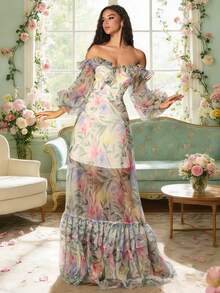 VIPGIRL New Arrival Blue Lantern Sleeve Off-Shoulder Printed Elegant High-End Design Mesh Women's Evening Gown - Green - View 1