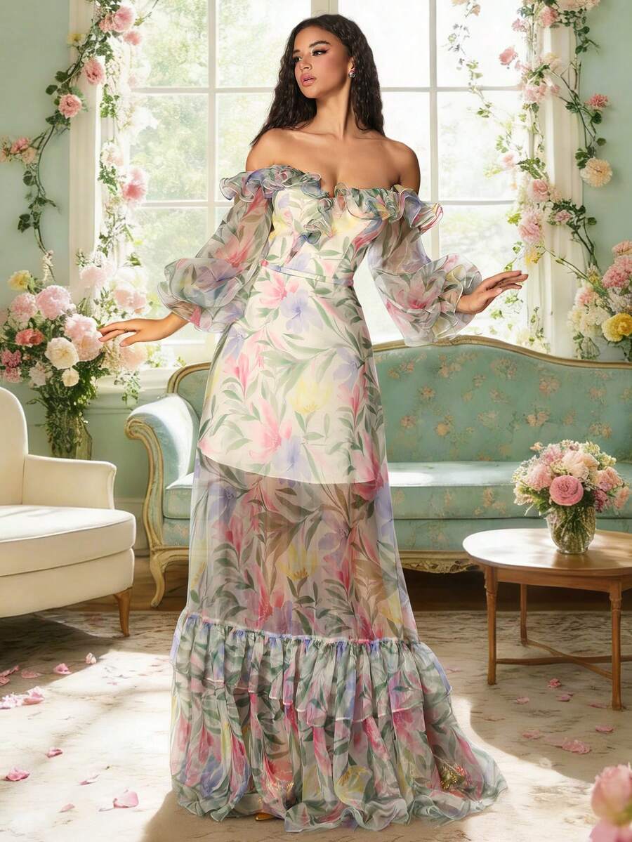 VIPGIRL New Arrival Blue Lantern Sleeve Off-Shoulder Printed Elegant High-End Design Mesh Women's Evening Gown - Green - View 1