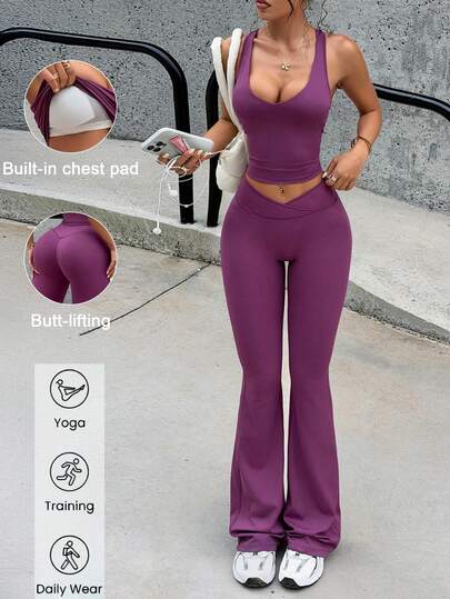 Conjunto deportivo de dos piezas para mujer Aoqta, de primavera/verano, de unicolor oscuro con escote en V sexy, top de tirantes y pantalón corto de cintura alta que levanta las caderas, para usar en el gimnasio, correr, fitness y yoga