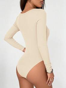 PRETTYGARDEN Women Spring Bodysuits For Long Sleeve Shirts Fitted Basic Ribbed Layering Bodys Tops Fall Fashion Winter Clothes Beige Vacation Rompers Outfits For Women - 米色 - 查看 2