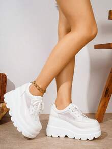 女士系带厚底方头坡跟休闲网面运动鞋 - 白色 - 查看 6