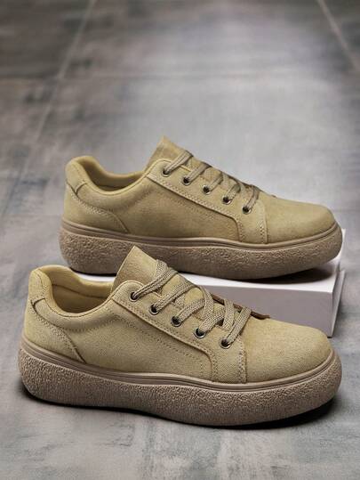 Men's Casual Sneakers 2026 New Thick Sole Elevator Anti-Slip Wear-Resistant Low-Top Round Toe Lace-Up Soft Comfortable Suede Casual Shoes, Fashion Versatile Stitching Comfortable Men Sports Shoes Boots Outdoor Travel Holiday Casual Shoes