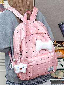 1pc Pink Nylon Casual Chic Bow Dot Print All-Over Cartoon Letter Patch Drawstring Multi-Pocket Large Capacity Foldable Water-Resistant Smooth Zipper Backpack (No Plush Pendant Plush Badge), Suitable For Spring/Summer Hot Selling, Suitable For High School Students, Versatile Use For School, Commute, Outdoor Travel, Also Can Be Used As Holiday Gifts, Can Hold Books, Pencil Case, Cosmetic Bag, Cosmetic Box, Suitable For Family, Gifts, Vacation - Pink - View 10