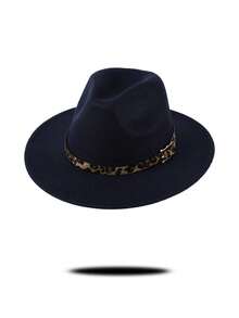 1pc Gray Felt Fedora Hat, Wide Brim Design With Leopard Print Band & Metal Buckle Decor, Chic & Stylish For Casual, Commute, Street Wear, Unique & , Multi-Color Options To Match Various Outfits