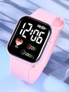 6件套极简主义LED方形数字手表及玫瑰心形手链项链耳环戒指首饰套装，适合日常、派对、校园佩戴、情人节礼物 - 粉色 - 查看 6