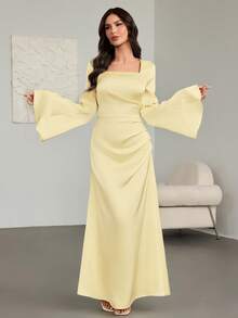 Women's Spring/Summer Fashionable & Elegant Yellow Satin A-Line Dress – Square Neckline, Flared Sleeves, Irregular Pleated Design, Ideal For New Year Gowns, Romantic Dates & Party Wear