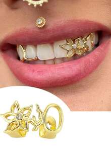 Gold Teeth Grillz For Women, Hollow Gold Floral Cherry Tooth Caps Silver Grills For Your Teeth 14K Gold Plated Jewelry For Cosplay Fashion Extra Molding Bar Valentine's Day Gift For My GirlfriendValentine's Day Gift For My Wife Heart Drop Love Gift For Lovers Gift For My Girlfriend Couple Jewelry Accessories - 金色 - 查看 12