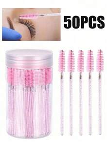 50PCS Crystal Pink Eyelash Brushes, Disposable Bendable Eyebrow Spoolies With Container, Mascara Wands For Lash Extensions & Castor Oil - Hồng - Xem 1