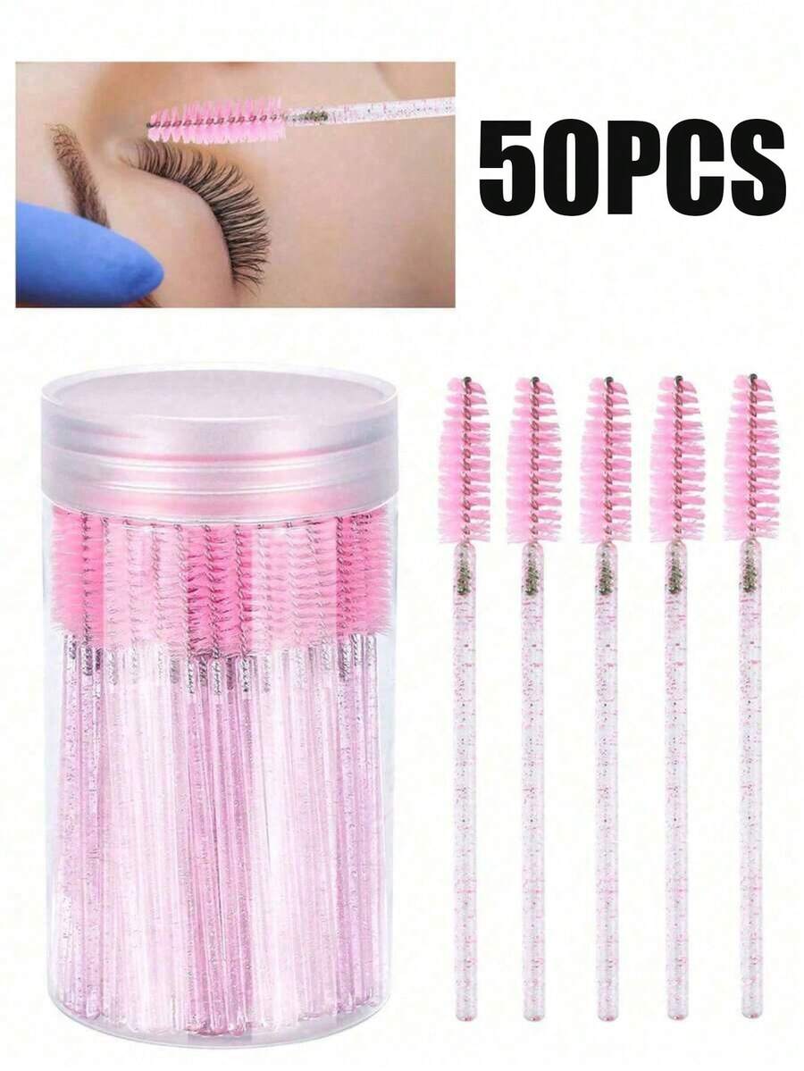 50PCS Crystal Pink Eyelash Brushes, Disposable Bendable Eyebrow Spoolies With Container, Mascara Wands For Lash Extensions & Castor Oil - Hồng - Xem 1
