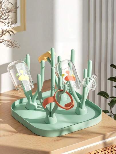 1pc Cactus Shaped Bottle Drying Rack [Multi-Color Options + Drip Tray + Sturdy Stand + Large Capacity Hooks + Material] Baby Bottle Drying / Feeding Tool Storage / Nipple & Teether Drying / Kitchen Utensil Display / Baby Supplies Organization / Countertop Storage / Parenting Essentials / Bottle Accessories Drying / Portable Outdoor Use / Daily Cleaning & Drying / Cup Brush