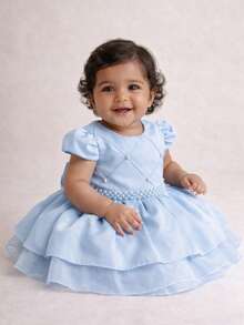 Vestido Bebezinha Festa Infantil Menina Criança Com Pérolas Lindo Bebê Luxo Criança Aniversário Casamento Moderno Rodado - Azul bebê - Visão 8