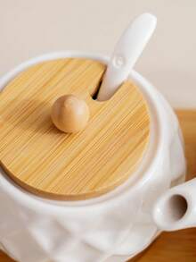 1 Set White Ceramic Kitchen Storage Jars & Spice Rack With Bamboo Tray, Ceramic Spice Jars With Natural Bamboo Lids, Creative Nordic Style Diamond & Wave Pattern, Suitable For Hotel, Restaurant, Home Kitchen Seasoning Bottles, Oil, Vinegar, Spices - White - View 7