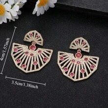 1 Pair Bright Copper Zirconia Pendant Stud Earrings, Suitable For Party/Summer Date Outfit - Fan Cloud Pattern - View 2