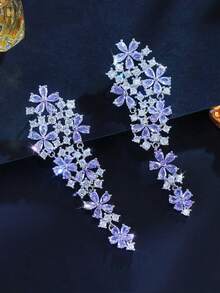 1 Pair Light Purple Cubic Zirconia Flower Cluster Long Chandelier Drop Earrings, CZ Dangle Silver Plated Wedding Elegant Jewelry For Women Brides Bridesmaids Engagement Banquet Pageant Party Prom To Bridal Girlfriends Fiancee Wife Gift - Mauve Purple - View 9