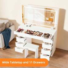 11-Drawer Vanity Table Set With Stool, 3-Color Adjustable LED Mirror, Transparent Glass Top & Built-In USB Socket, Makeup Dressing Desk For Bedroom, Dressing Room (White) - 查看 10