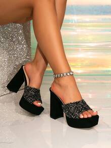 Black Platform Slip-On Sandals, Luxury Black & White Rhinestone Color Block, Transparent Jelly Gel, Chunky Heel, Slip-On, Sexy High Heel Sandals - Black - View 4