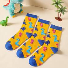 3 Pairs Men's Dinosaur Pattern Mid-Calf Socks, Cute & Adorable, Fashionable - Yellow - View 1
