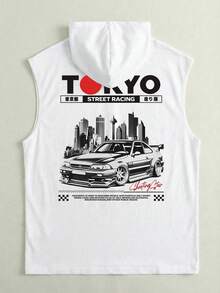 1件男士无袖印花连帽休闲运动背心，夏季 - 白色 - 查看 3