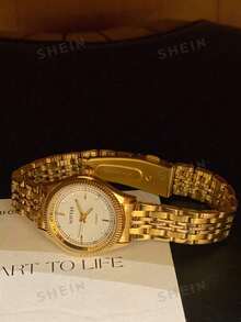 1pc Luxury All-Gold Women's Watch, Calendar Function Steel Strap, Fashionable & Versatile Quartz Wristwatch - Multicolor - View 5