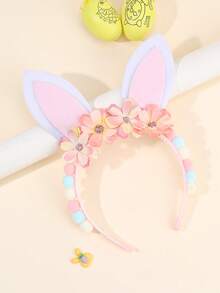1pc Easter Pink Flower Headband For Girls,Fabric Rabbit Ear Bunny Ears Decor Headband For Girl,Cute Easter Rabbit Ear Hair Accessories For Girl Easter Gifts