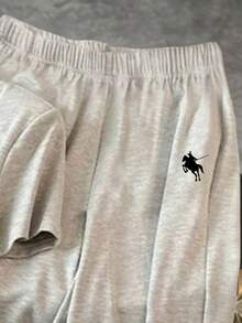 Tween Girl Casual Everyday Commute Minimalist Knight Print Pleated Waist T-Shirt And Loose Wide Leg Pants Set, Spring/Summer/Autumn - Grey - View 4