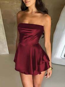 Vuslat 女士深红色定向发展休闲优雅INS风格纯色简约派对日常优雅无肩带露背系带设计防滑迷你蛋糕胸衣连衣裙，缎面腰部喇叭长裙，适合派对、晚宴、情人节、Y2K夏季穿搭、婚礼宾客、生日、外出等场合 - 酒紅色 - 查看 6