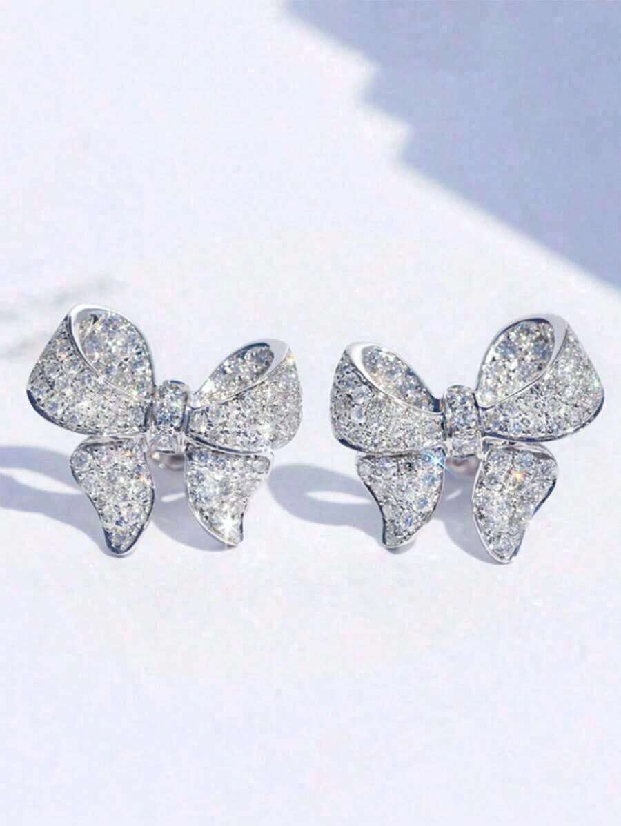 1 Pair Of Copper Inlaid Cubic Zirconia Bowknot Earrings - 銀 - 查看 1
