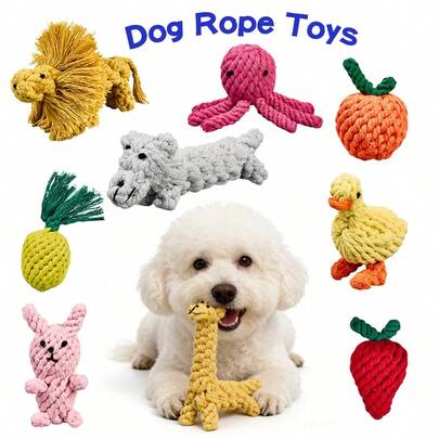 Colorful Handmade Woven Dog Rope Toys, Funny Animal Strawberry Pineapple Rope Toys, Cartoon Carrot Rope, Rabbit/Lion/Octopus/Elephant/Bear Plush Toys, Suitable For Training, Teeth Cleaning And Interactive Play For Medium And Small Dogs, Pet Supplies